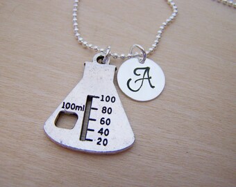 Beaker Necklace - Chemistry Charm - Personalized Necklace - Custom Initial Necklace - Initial Jewelry - Monogram Necklace - Gift for Her