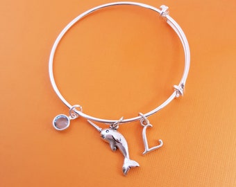 Narwhal Bangle - Narwhal Charm - Narwhale Bracelet - Silver Adjustable Bangle - Personalized Bracelet - Swarovski Crystal Birthstone Jewelry