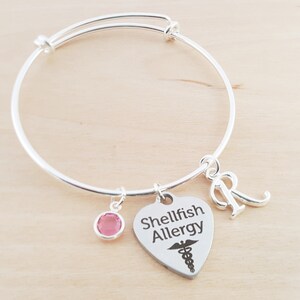 May include: Silver bangle bracelet with a heart charm that says "Shellfish Allergy" and a medical symbol. The bracelet also has a pink crystal charm and a letter "R" charm.