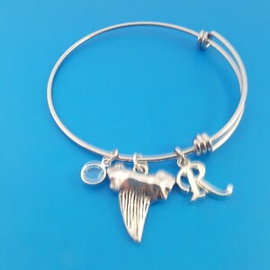 Shark Tooth Charm Silver Adjustable Bangle Swarovski Crystal Birthstone Jewelry image 1