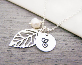 Silver Leaf Charm Necklace - Personalized Initial Sterling Silver Custom Jewelry - Gift For Her