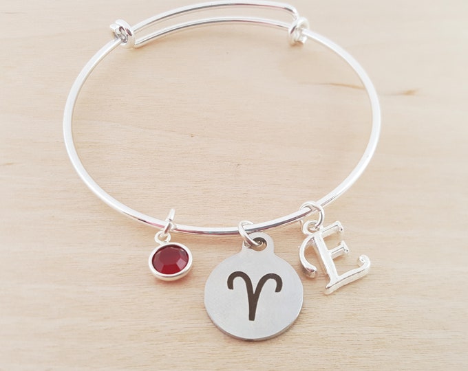 Aries Bangle -  Zodiac Symbol - Zodiac Sign Bangle - Silver Adjustable Bangle - Personalized Bracelet - Swarovski Crystal Birthstone Jewelry