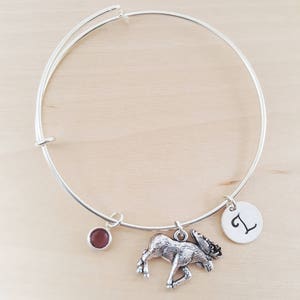 Moose Charm - Silver Adjustable Bangle  -  Personalized Initial Bracelet - Swarovski Crystal Birthstone Jewelry - Gift For Her