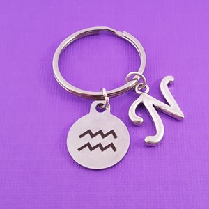 Aquarius Keychain - Zodiac Sign - Personalized Keychain - Initial Keychain - Custom Key Chain - Personalized Gift - Gift for Him / Her