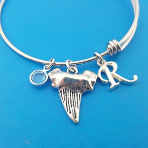 Shark Tooth Charm Silver Adjustable Bangle Swarovski Crystal Birthstone Jewelry image 2