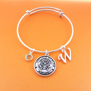 United States Army Bangle - US Army Charm - Army - Silver Adjustable Bangle - Personalized Bracelet Swarovski Crystal Birthstone Jewelry