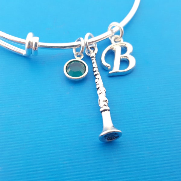 Flute Bracelet -  Flute Charm - Silver Adjustable Bangle - Personalized Bracelet - Swarovski Crystal Birthstone Jewelry - Band Bangle Silver