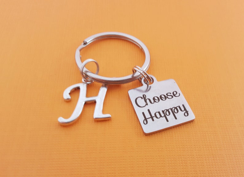 Choose Happy Key Chain Positivity Keychain Personalized Initial Keychain Gift for Him / Her Inspirational Keychain image 1