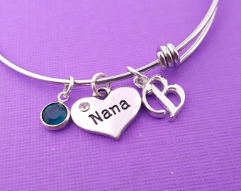 Nana - Silver Adjustable Bangle - Personalized Initial Bracelet - Swarovski Crystal Birthstone Jewelry - Gift For Her