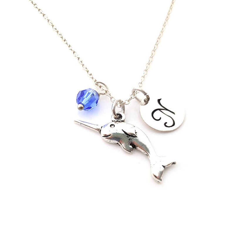Narwhal Charm Necklace Personalized Initial Sterling Silver Custom Jewelry Gift For Her image 1