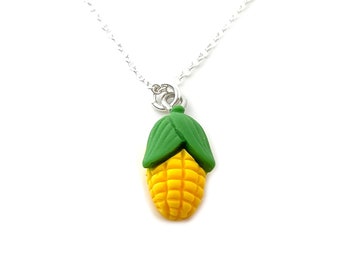 Corn on the Cob Food Charm Silver Necklace - Foodie Charm Handmade Jewelry