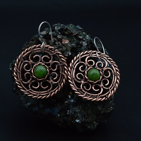 Creoles pierre naturelle Jade/ Boucles d'oreilles Jade en cuivre/ Jade Earrings/ Wire Wrapped Copper Hoop Earrings