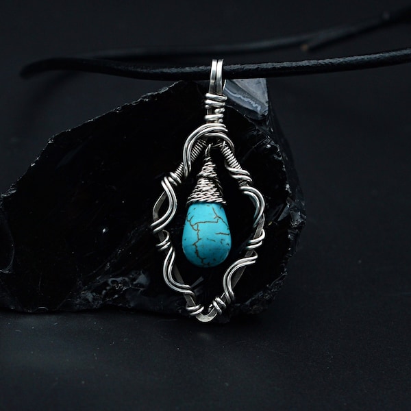 Pendentif argent avec pierre Howlite turquoise/ Collier Femme