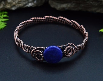 Twisted Copper Bangle Bracelet/ Lapis Lazuli Bracelet, wire wrapped