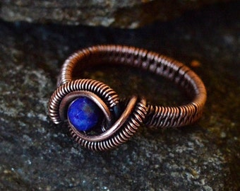 Lapis Lazuli Ring/ Friendship Ring/ Copper Wire Wrapped Ring/ Size 6.5 us