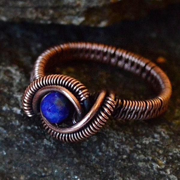 Lapis Lazuli Ring/ Friendship Ring/ Copper Wire Wrapped Ring/ Size 6.5 us