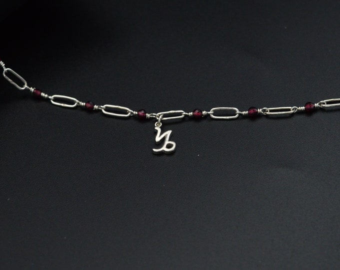 Capricorn Zodiac Necklace with Garnet January Birthstone/ Minimalist silver 925 choker necklace/ Zodiac Gift for her