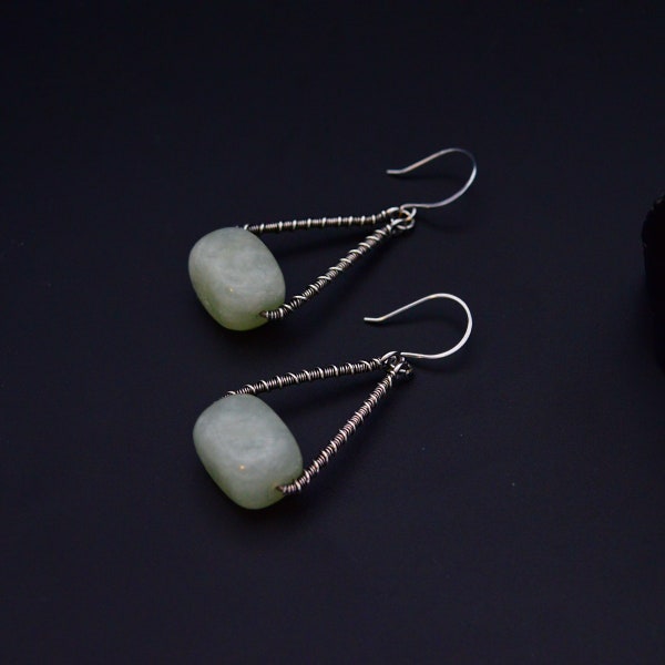 Boucles d'oreilles Jade/ Boucles d'oreilles Argent pierre naturelle/ Wire wrapped triangle Jade Earrings