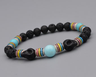 Boho Chic Women&#39;s Bracelet made with Skull, Turquoise gemstones, Lava and Peruvian Ceramic beads/ Size S-M/ Elastic gemstone bracelet