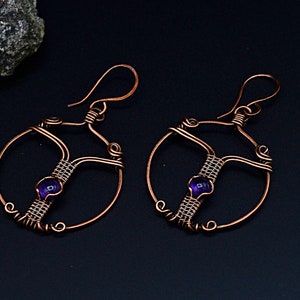 Creoles pierre naturelle Amethyste/ Boucles d&#39;oreilles Amethyste en cuivre/ Amethyst Hoop Earrings wire wrapped in Copper