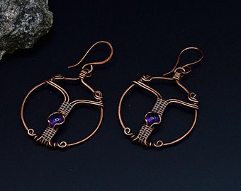 Creoles pierre naturelle Amethyste/ Boucles d&#39;oreilles Amethyste en cuivre/ Amethyst Hoop Earrings wire wrapped in Copper