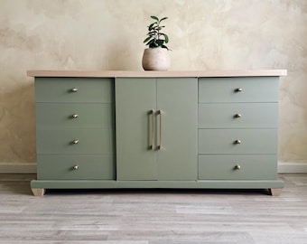 Sage Green Dresser | Sideboard with natural wood top | organic modern cabinet