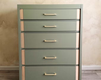 Sage Green Tall Dresser | Organic Modern Chest of Drawers with Natural Wood Accents