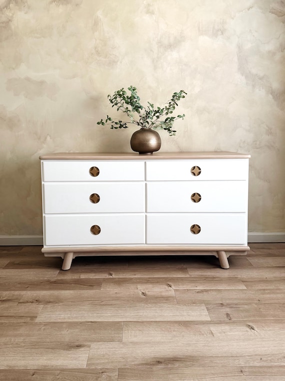 1970's White Dresser With Brushed Brass Starburst Pulls  6 Drawer Storage  - Etsy