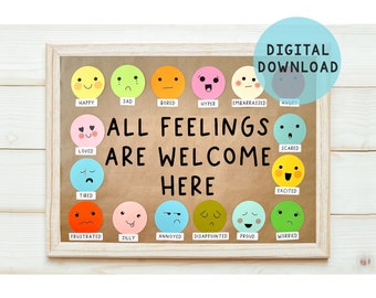 All Feelings are Welcome Here SEL Bulletin Board | Digital Download, Social Emotional Learning, Motivational bulletin board, Door Decor