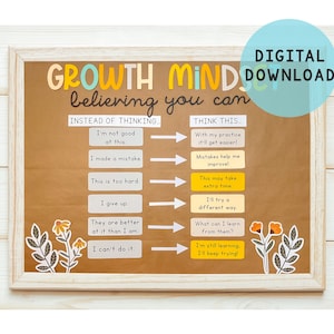 Tablón de anuncios de mentalidad de crecimiento / Kit de recortes para tablón de anuncios de descarga digital, kit de tablón de anuncios motivacional, decoración para aulas