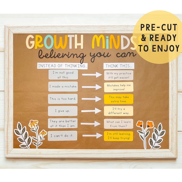 Growth Mindset Bulletin Board | Teacher Premade Bulletin Board Cutout Set, Motivational bulletin board Kit, Classroom Decoration