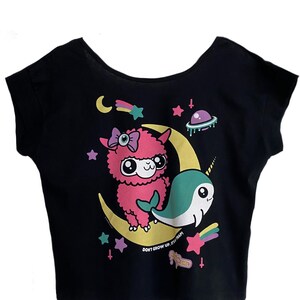 NewBreed Girl:  Oversize Crop Top Featuring a Celestial Alpaca Moon & Narwhal Artwork- Fast n Free Shipping