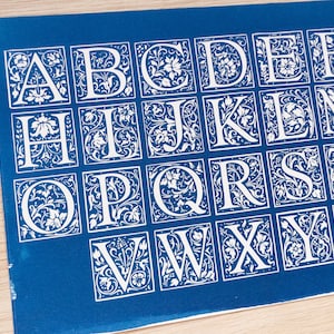 May include: A blue background with white letters of the alphabet in decorative frames. Each letter is surrounded by a floral design.