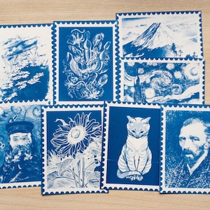Stencil cianotipi, timbri cianotipi, francobolli postali, stencil cianotipi, francobolli postali cianotipi, stampa cianotipica, kit per bricolage