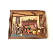Molded Plaster Chalk-Ware 3 Dimensional Plaque Wall Hanging Decor Peaceful Hours Hearth Home Americana Folk Art Object Diorama