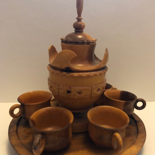 Carved Wooden Drinks Set Tray Cups Beverage Lidded Decanter Vessel Tableware Barware Collectible Home Decor Serving Dining Entertaining