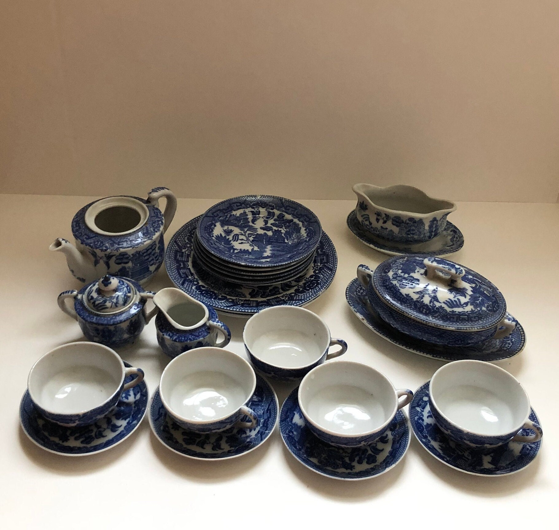 Blue Willow Japan Child's Set Teapot Cream Sugar Cups Saucers
