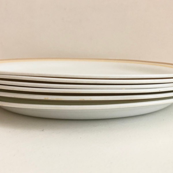 Six Corelle Almond Yellow Bands Dinner  Plates Discontinued Corning Dimensions MCM Replacement Retro Dinnerware Dining Serving