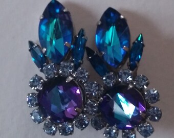 Vintage Blue Purple Lavander Clip On Crystal Rhinestone Earrings Made in Austria