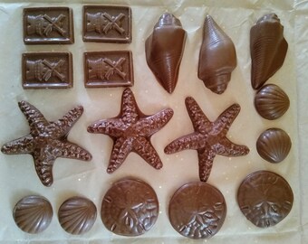 The Nantucket Treasure Box. Filled with Wind Mills, Shells, Star Fish, and Sand Dollars. All made out of Our Decadent Chocolate.