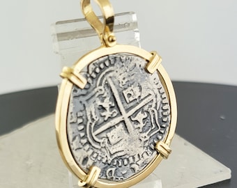Atocha 2 Reales Coin Replica Pendant: 14K Gold & Sterling Silver