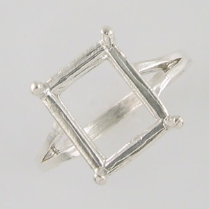 Solid Sterling Silver Ring Setting for 12x10 Emerald Cut Faceted Gems, Ring Blank, DIY Ring Setting