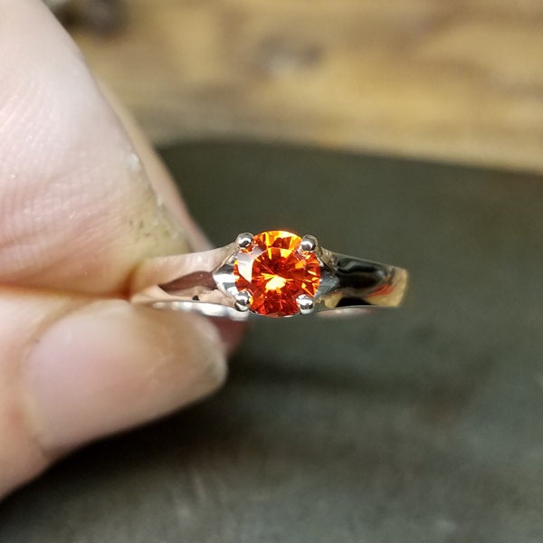 Mexican Fire Opal Silver Solitaire Ring / Orange Fire Opal Round Brilliant Cut in 100% Eco-Friendly Recycled Sterling Silver for YOU!