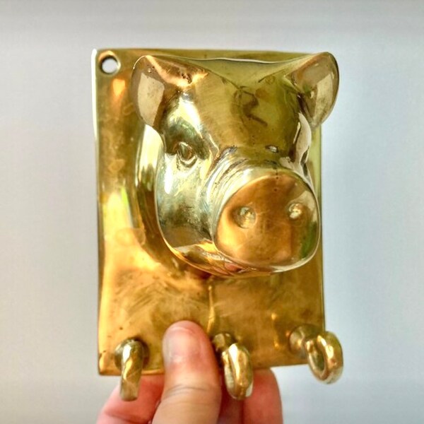 Vintage Brass Pig Head 3 Key Ring Hook Holder Wall Mount Rack