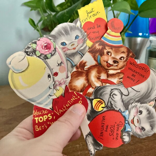 Vintage Valentine Cards Unused Kitschy Cats Dogs Tops Set of 4