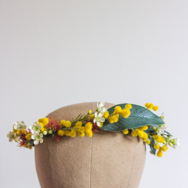Medley Of Natives Australian Wattle Gum Leaf Eucalyptus Flower Crown Halo Wreath Ringlet Wedding Country Rustic Chic Beautiful Bright Rustic