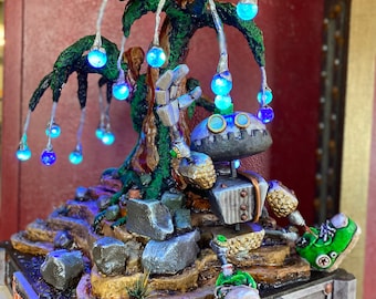 Sprocket Robot Sculpture: Steampunk Theme Art with Light-Up Tree