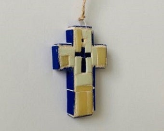 Cobalt Blue an Beige Little Mosaic Wall Cross or Ornament