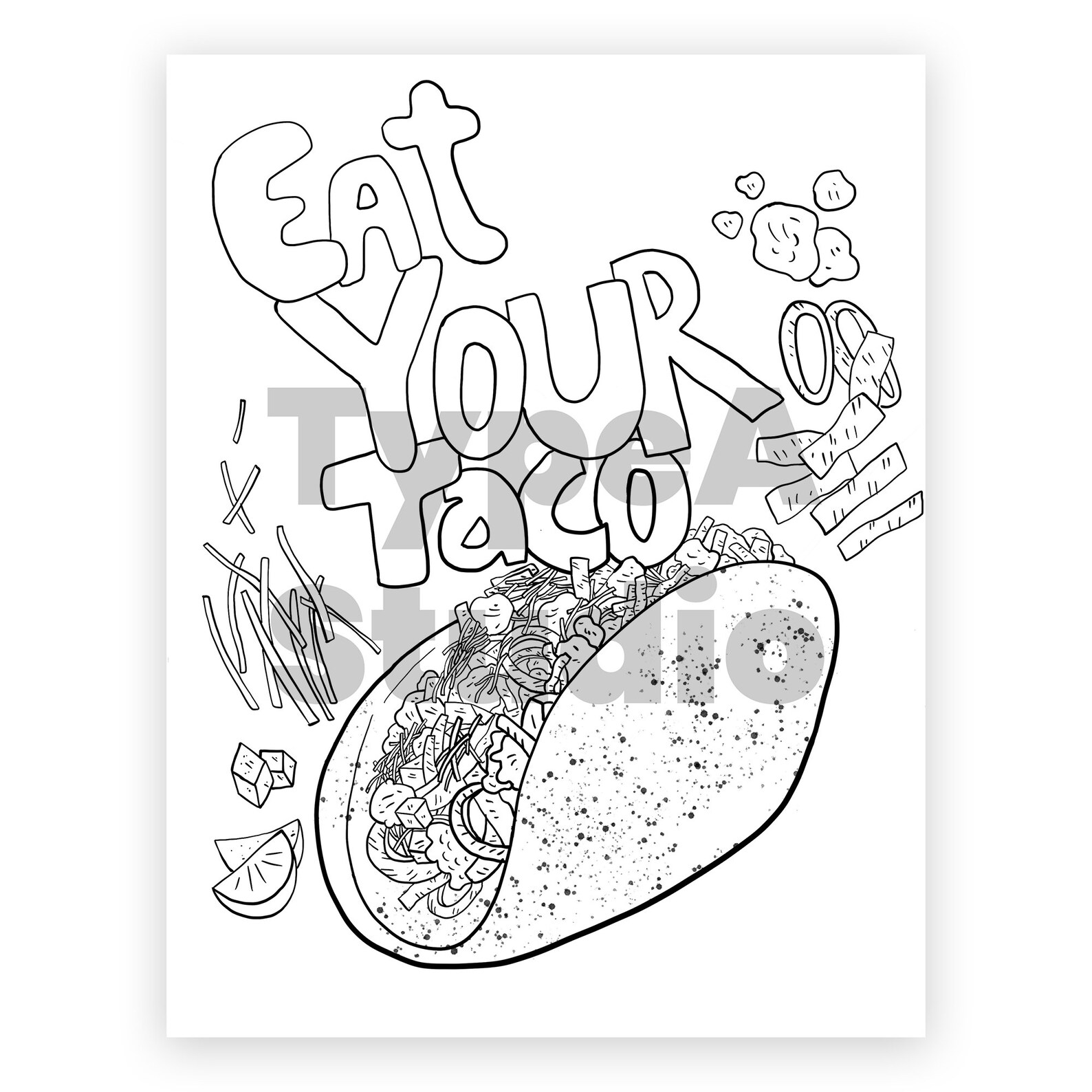 Eat Your Taco Adult and Kids Coloring Page PDF, Digital Print ...