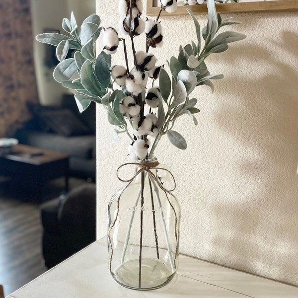 Farmhouse Glass Jug Vase with Cotton and Lambs Ear Stems